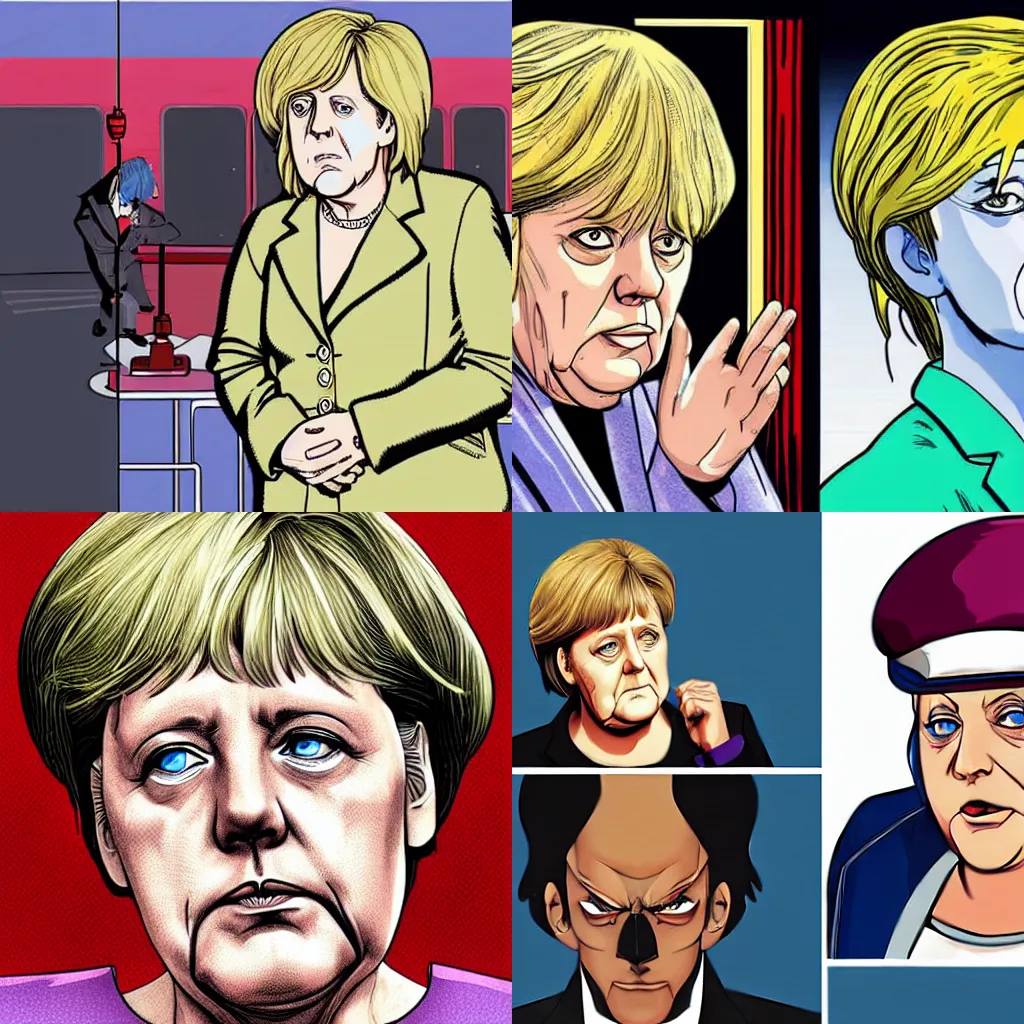 Prompt: Angela Merkel, in JoJo\'s Bizarre Adventure, highly detailed mugshot illustration by Takehito Harada