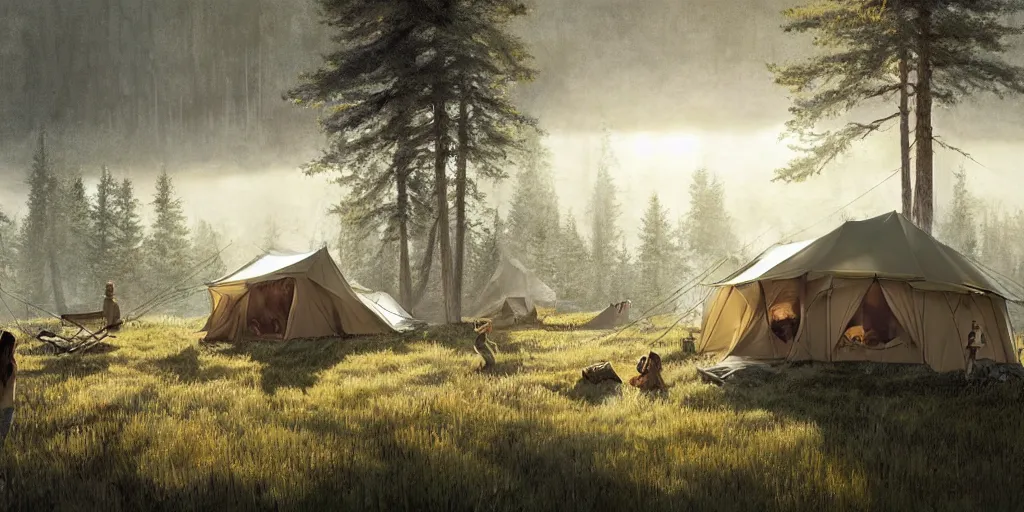 Image similar to cabela's tent fabric shelled pop up family dwelling unit, cabin, modular, person in foreground, mountainous forested wilderness open fields, beautiful views, painterly concept art, joanna gaines, environmental concept art, farmhouse, magnolia, concept art illustration by ross tran, james gurney, by craig mullins, by greg rutkowski