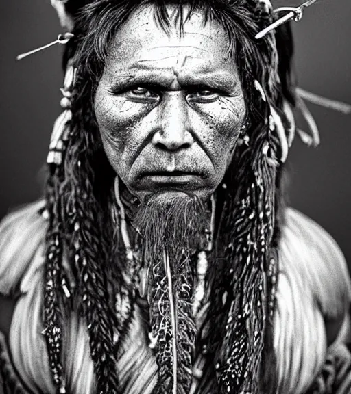 Prompt: Award winning Editorial photo of a Native Iroquois with incredible hair and hyper-detailed eyes wearing traditional garb by Edward Sherriff Curtis and Lee Jeffries, 85mm ND 5, perfect lighting, gelatin silver process