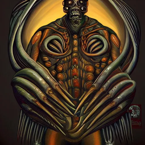 Prompt: beautiful painting of a thousand-eyes cleaver-headed muscular chef in the style of Welder Wings and H. R. Giger. Dark background, detailed, trending on Artstation