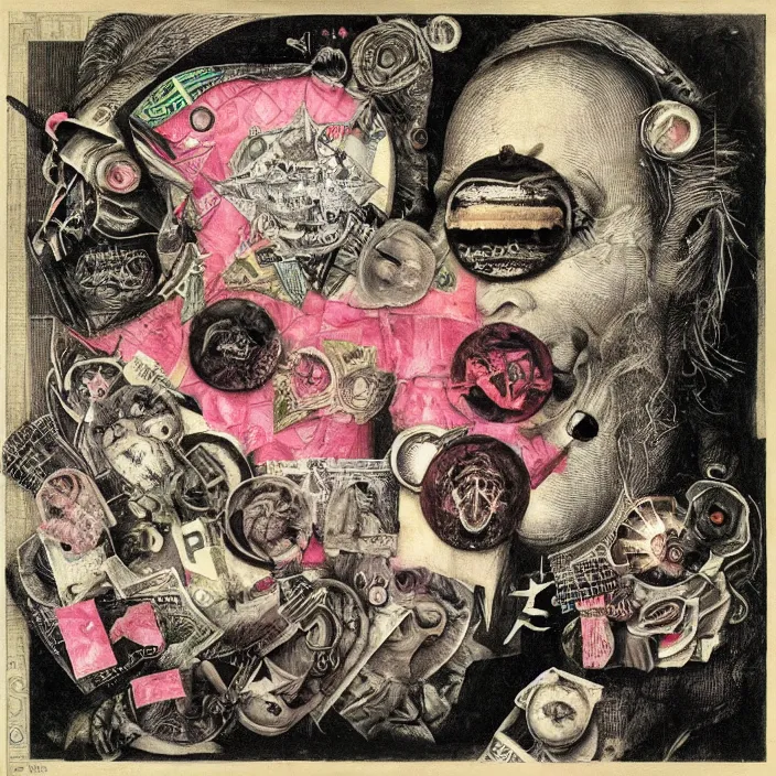 Image similar to post - punk new age album cover, asymmetrical design, dollar bank notes, capitalism, magic, apocalypse, psychedelic, black white pink, highly detailed, magic, giger h. r., giuseppe arcimboldo