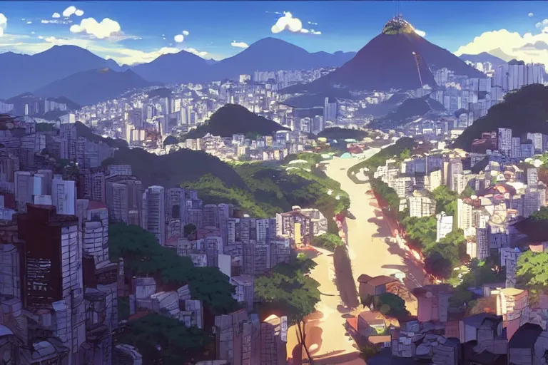 Image similar to rio de janeiro in an anime film, directed by makoto shinkai, street level