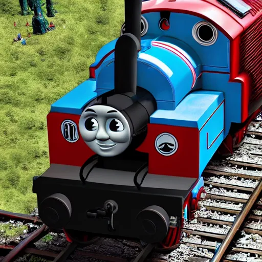 Prompt: thomas the tank engine retrofited for zombie apocolypse