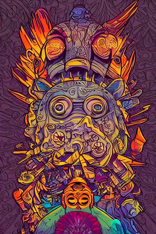 Prompt: totem majora's mask tribal feather gemstone plant wood rock shaman vodoo video game vector illustration vivid color borderlands by josan gonzales and dan mumford radiating a glowing aura