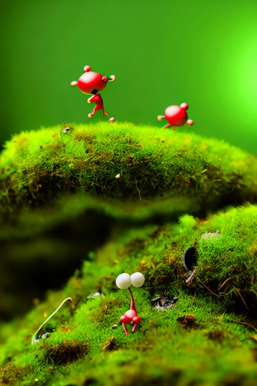 Image similar to pikmin on a mossy forest floor, macro photography