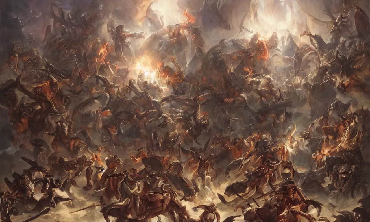 Image similar to epic battle between human warriors mages and demons, cathedrals and abbeys, by liang xing