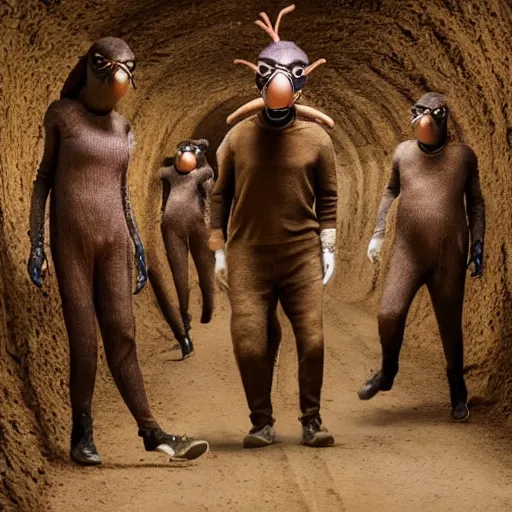 Image similar to cinematic photo of humans wearing realistic ant costumes in an underground dirt tunnel. several tunnel exits lead off in different directions.