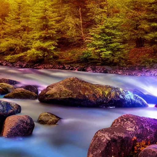 Image similar to a beautiful landscape, river, rocks, trees, iridescent lights