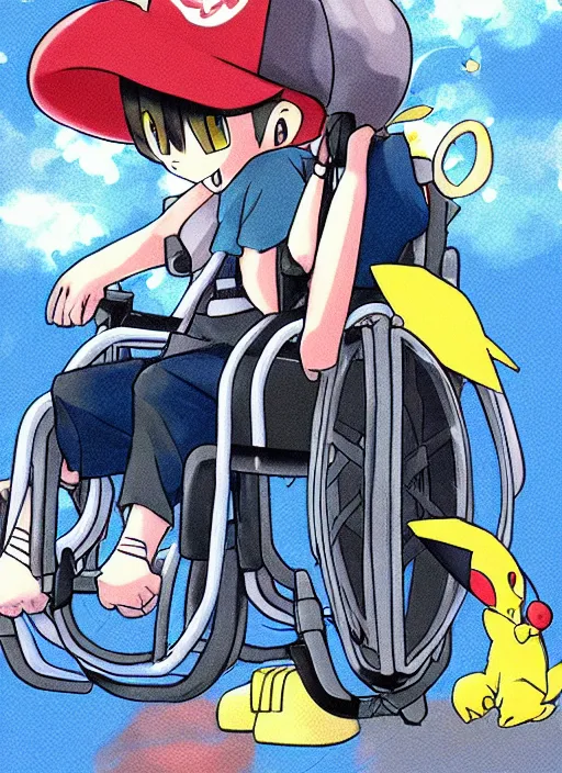 Image similar to a pokemon trainer traveling in a wheelchair, anime, art by ken sugimori