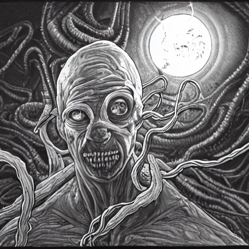 Image similar to hyper detailed filmic wide shot 30mm color film photograph of a bundle of dangerous gorey shape shifting alien tendrils violently puncturing a male 70-year-old doctor directly in the eyeball, spewing sanguine fluid all over the place, doctor is wearing a lab coat under dreary fluorescent lights in the style of a horror film still