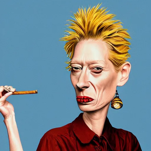 Image similar to caricature of tilda swinton smoking a cuban cigar by salvador dalí, trending on art station, 4K