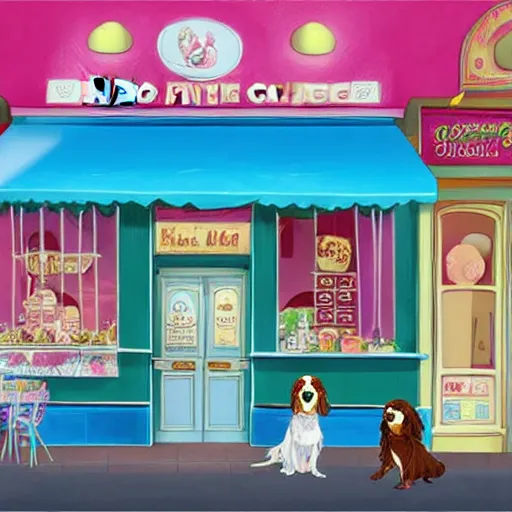 Image similar to ice cream shop with a king charles spaniel, digital art by studio ghibli, lilia alvarado