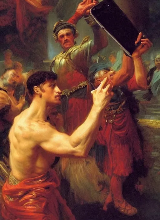 Prompt: julius caesar taking a selfie as rome burns behind him by vladimir volegov and alexander averin and pierre auguste cot and delphin enjolras