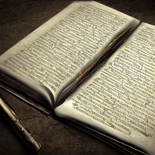 Image similar to journal filled with ancient writing, majestic, fantasy, cursed, realistic texture, octane render