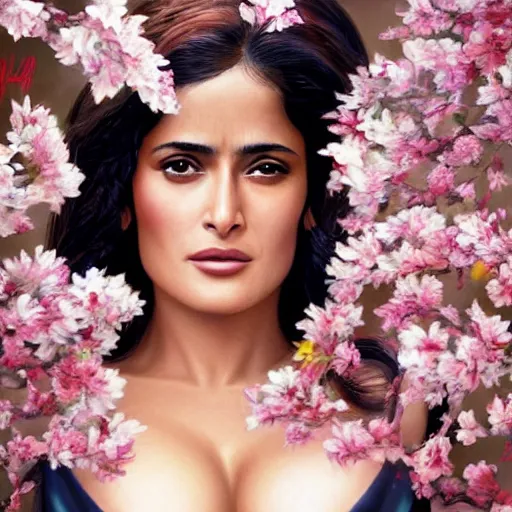 Image similar to photo of salma hayek in the style of stefan kostic, realistic, body shot, sharp focus, 8 k high definition, insanely detailed, intricate, elegant, art by stanley lau and artgerm, cherry blossoms