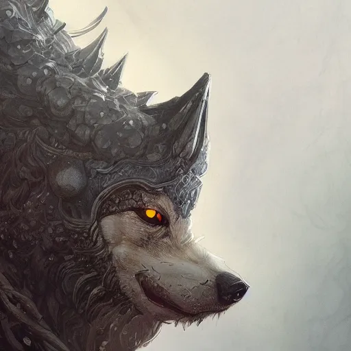 Prompt: a detailed portrait of a druid wolf dressed with a leather armor, by victo ngai and greg rutkowski, digital art, realistic painting, very detailed, fantasy, dnd, trending on artstation