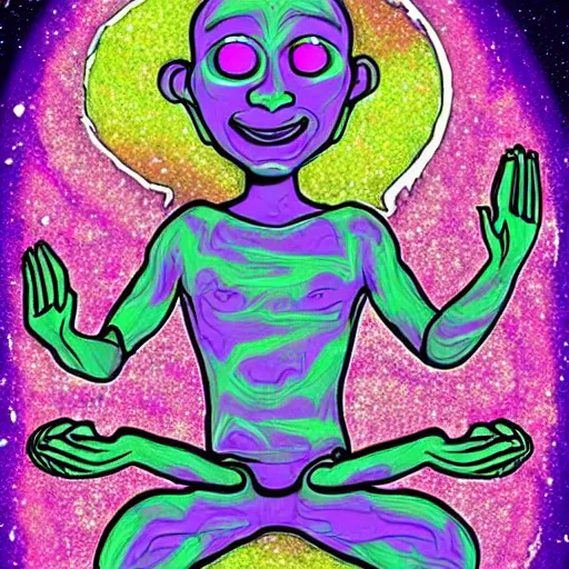 Prompt: a psychedelic hippy alien smiling and meditating, floating in space, in the style of ben ridgeway