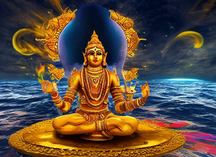 Image similar to vishnu sitting on adishesha floating across the cosmic ocean, digital art, octane render