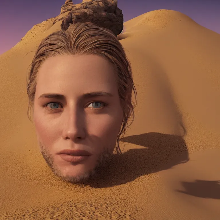 Prompt: octane render portrait by wayne barlow and carlo crivelli and glenn fabry, a beautiful symmetrical human face face inside of a gigantic huge colorful sand dune, inside a giant beautiful dessert at goldenhour, light beams, cinema 4 d, ray traced lighting, very short depth of field, bokeh