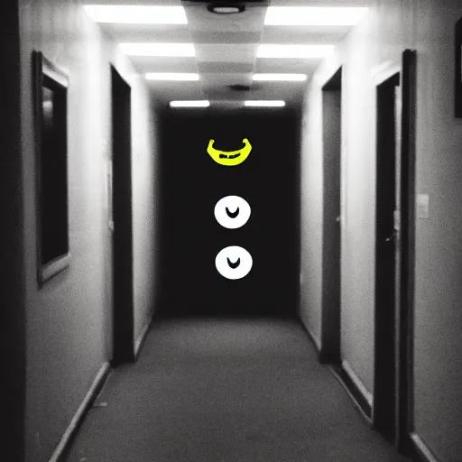 Image similar to found footage of a horrifying creepy narrow hallway with a glowing smiley face at the end, liminal space, very dark lighting, horror scene