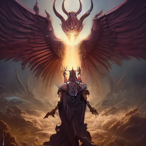 Image similar to full body shot of a male god with wings on his shoulder, standing beside a huge gate, digital art by raymond swanland and peter mohrbacher, rule of third, 4 k, cinematic lighting