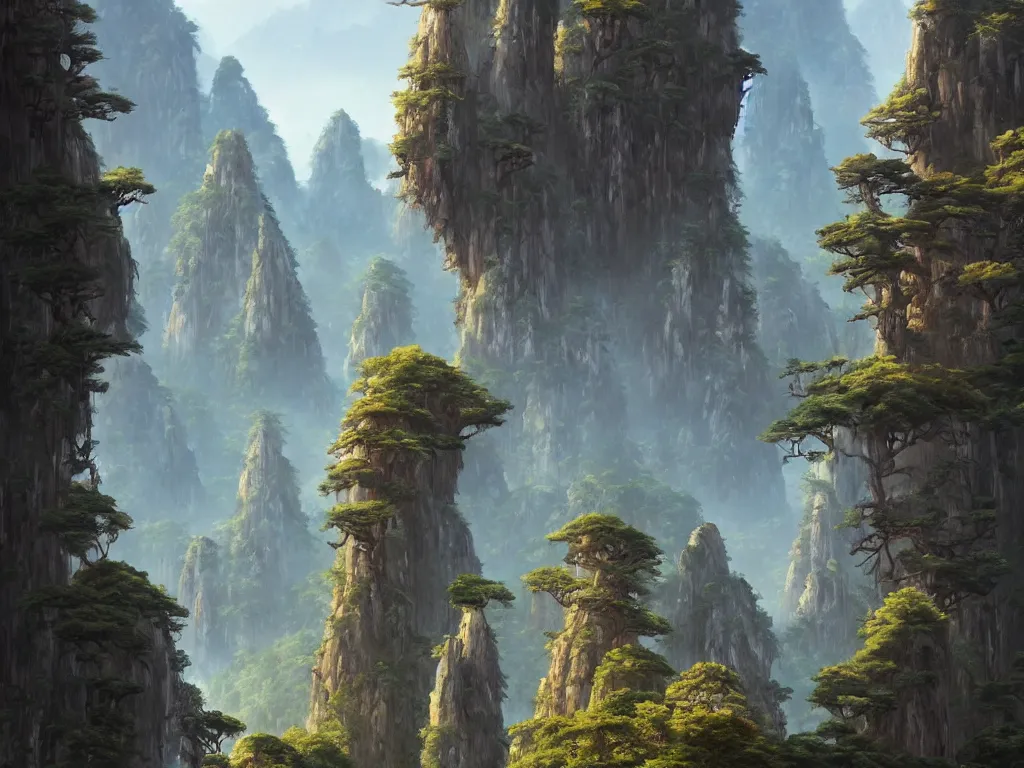 Prompt: landscape of huangshan with oddly shapes karst pillars in china with huge futuristic buddisht temples on hilltops by federico pelat, andreas rocha, greg rutkowski, artstation, scifi, hd, 8 k, wide angle