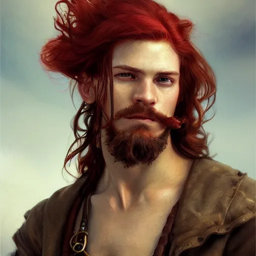 Image similar to portrait of a young rugged pirate, male, masculine, upper body, red hair, long hair, d & d, fantasy, intricate, elegant, highly detailed, steampunk, airship, digital painting, artstation, concept art, matte, sharp focus, illustration, art by artgerm and greg rutkowski and alphonse mucha