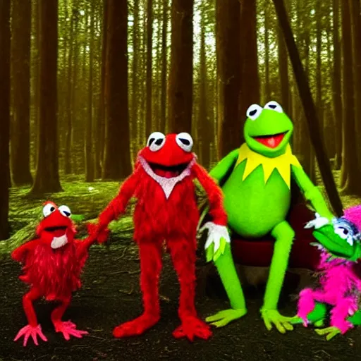 Image similar to demonic muppets in magical forest, kermit, elmo, dark atmosphere, soft lighting, high detail, 8 k