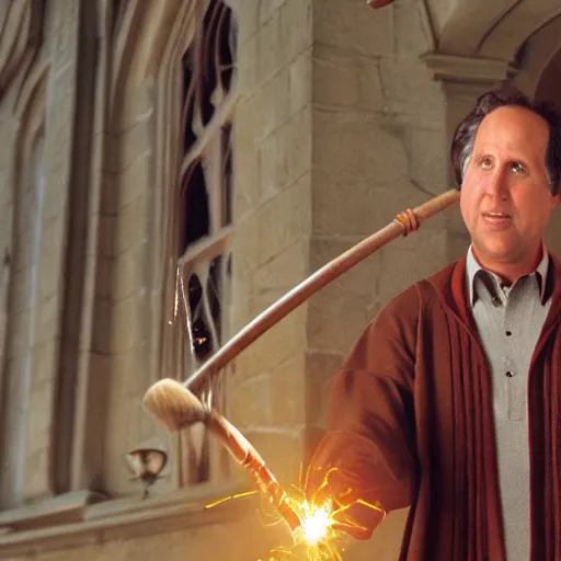 Prompt: movie still of chevy chase comically flying a broom in hogwarts, movie still, high resolution, highly detailed, realistic lighting, artstation