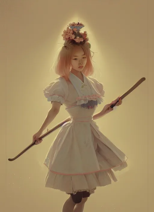 Image similar to symmetry!! portrait of a pretty japanese girl with blonde hair dressed as a french maid skateboarding, elegant, highly detailed, digital painting, 8 k, concept art, smooth, sharp focus, illustration, ethereal, misty, octane render, by ruan jia and greg rutkowski and alphonse mucha