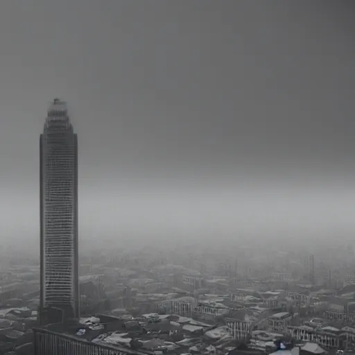 Prompt: a person standing on a grey skyscraper looking over at the gray dystopian city, fog, moody, realistic