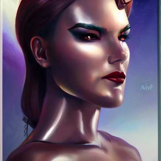 Prompt: retrofuturistic female android, painting by artgerm julie bell