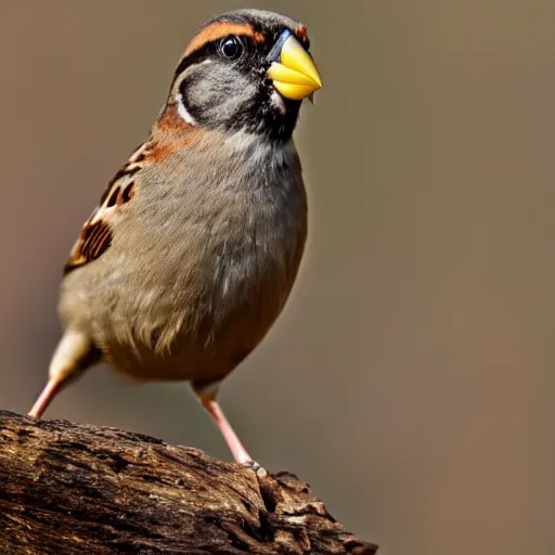 Prompt: a sparrow standing on a log, photograph, depth of field, sharp, detailed