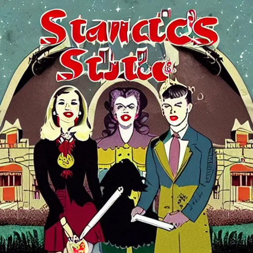 Image similar to Satanic States of America, alternate history, 1950s family, goth family, suburbia, Stepford home, occult symbols, sitcom screenshot