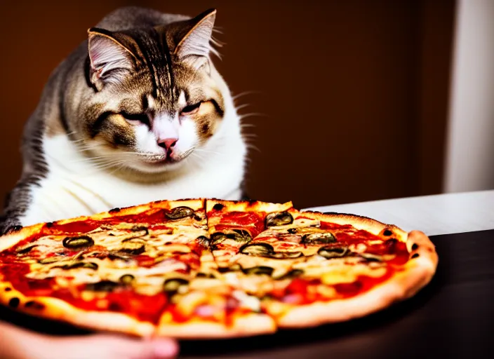 Prompt: photo of a very fat cat eating pizza. nikon d 8 5 0 5 5 mm. dof. cinematic postprocessing.