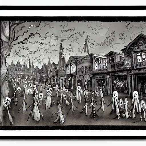 Prompt: ghosts and ghouls parade on main street by dali and tim burton