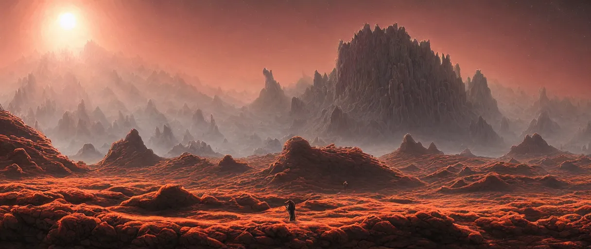 Image similar to detailed hyper realistic landscape of a harsh barren exoplanet with tall slender crystalline lifeforms, beautiful dramatic moody lighting, cinematic atmosphere, by Jean Giraud, Alex Grey, Zdzislaw Beksiński, Dan Mumford, Patiphan Sottiwilaiphong, Yintion J - Jiang Geping