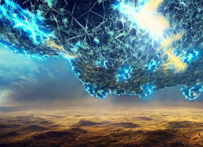 Image similar to giant interdimensional fractal creatures fall from the sky, a vast landscape, dust particles, natural lighting, awe inspiring, wide angle, cinematographic photo, subtle lens flare