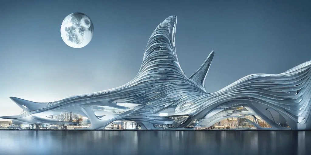 Image similar to fantasy city with moon by zaha Hadid trending on artsation