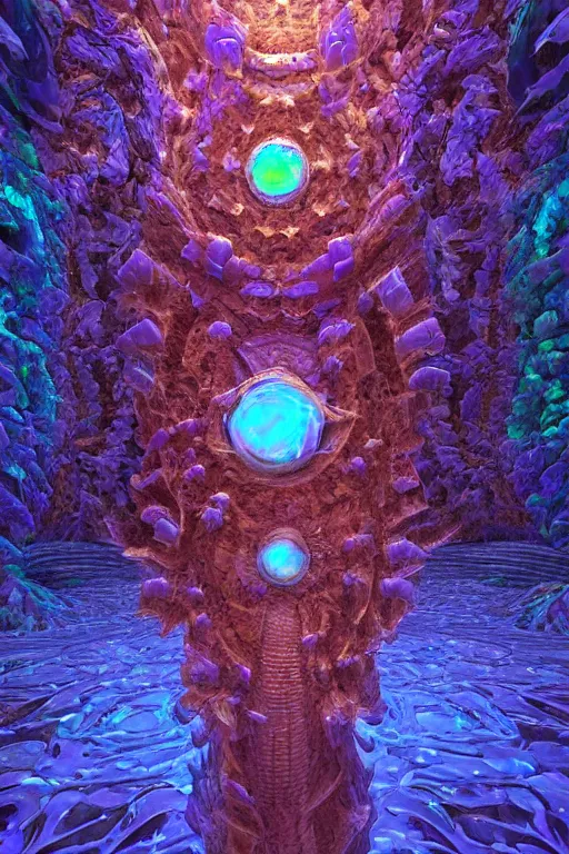 Image similar to a crystalline 3 d mandelbulb fractal in the shape of a monster, bioluminescent opal, fractal, magnificent lighting, ethereal, ray tracing, octane, holographic