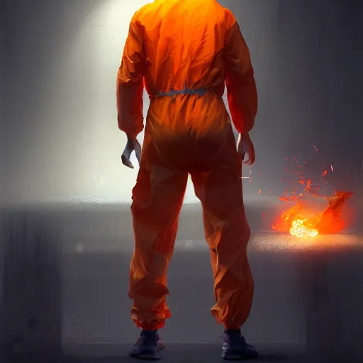 Prompt: commission portrait of a man in an orange jumpsuit,running away from smoke in a laboratory.,character design by charles bowater,greg rutkowski,ross tran,hyperdetailed,hyperrealistic,4k,deviantart,artstation,professional photography,concept art