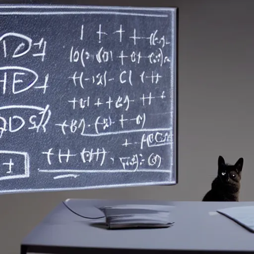 Prompt: Schrödinger's cat studying quantum physics, with a whiteboard with equations in the background