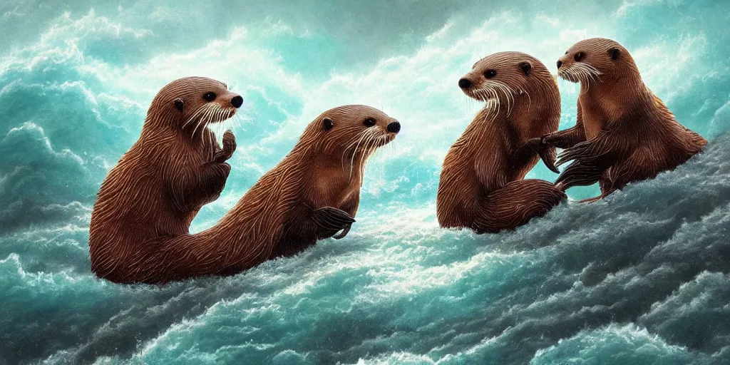 Prompt: beautiful fantasy illustration hyper detailed a pair of cute otters holding hands in a huge storm at sea cinematic dreamlike trending on artstation masterpiece