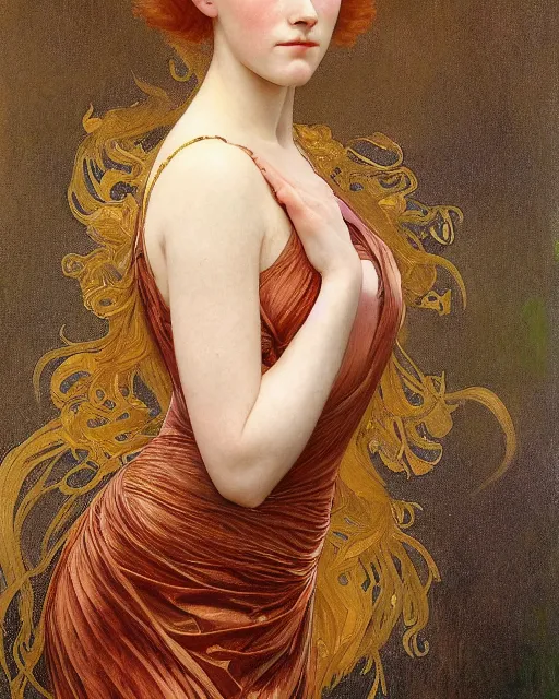 Image similar to realistic art nouveau oil painting of redheaded young saoirse ronan or redheaded millie bobby brown wearing a reflective gold dress, highly detailed, intricate, elegant, digital painting, smooth, sharp focus, illustration, ultra realistic, 8 k, by bouguereau, alphonse mucha, artgerm, and donato giancola