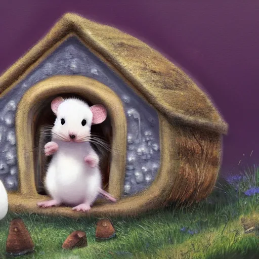 Prompt: cute fluffy mouse sitting under a mushroom house detailed painting 4 k