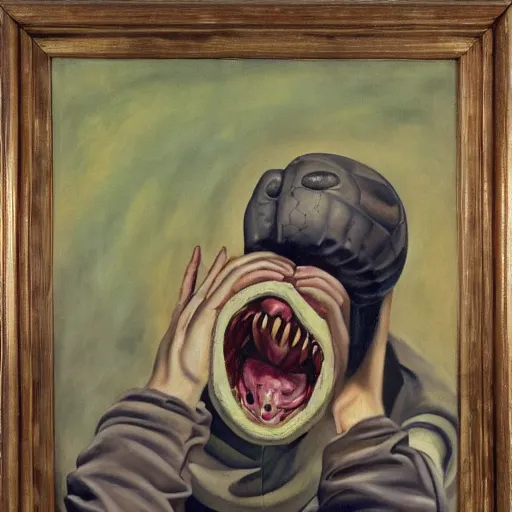 Image similar to A Python programmer's despair, oil on canvas, 1951