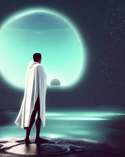 Image similar to a person wearing a white cloak that's blowing in the wind. they are standing in the water. a large planet with rings is visible in the sky. an album cover by stanley twardowicz, trending on cg society, retrofuturism, retrowave, chillwave, synthwave, 3 d render, unreal engine