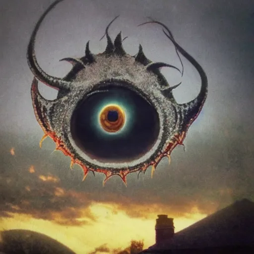 Image similar to low quality photo of the eye of cthulhu flying over a house