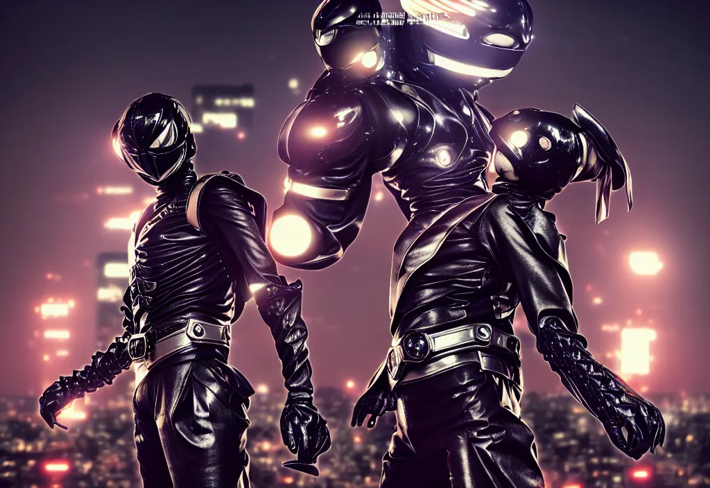 Image similar to large belted kamen rider dynamic pose, human structure concept art, human anatomy, full body hero, intricate detail, hyperrealistic art and illustration by a. k. a limha lekan a. k. a maxx soul and alexandre ferra, global illumination, blurry and sharp focus, on future tokyo night rooftop, frostbite engine