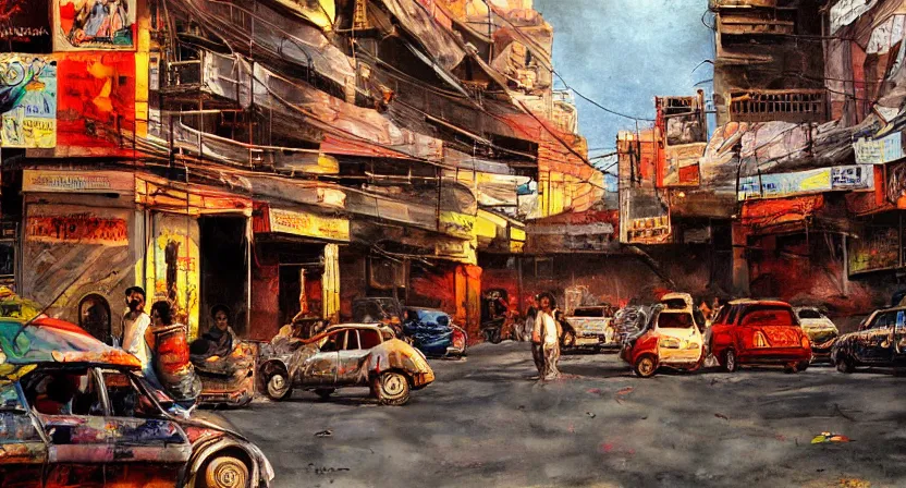 Image similar to delhi streets, artwork by salman toor, cinematic light, atmospheric effects